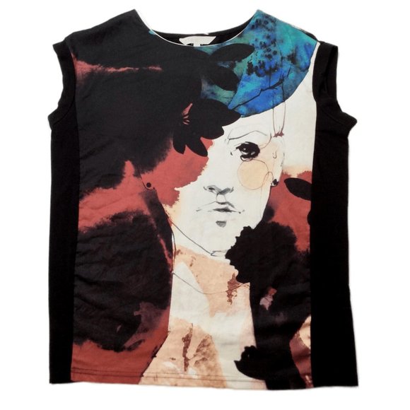 cleo Art Face Print Top S - Picture 1 of 6